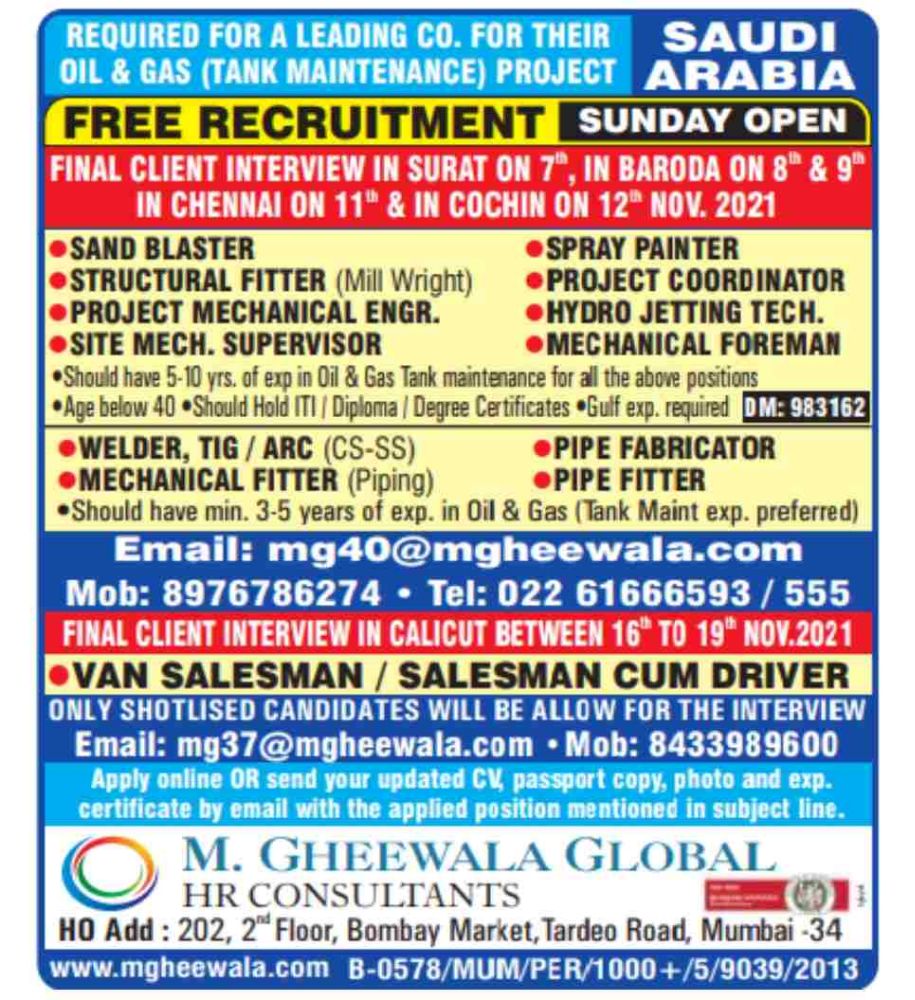 Free Requirement for Saudi Arab Best opportunity.