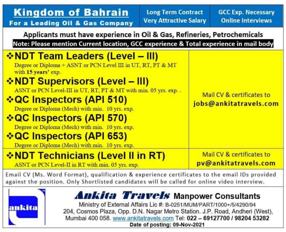 Required for A leading company in Bahrain.