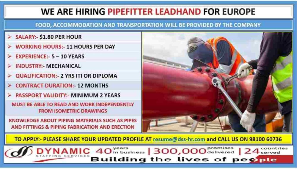 Pipe fitter job in Europe.