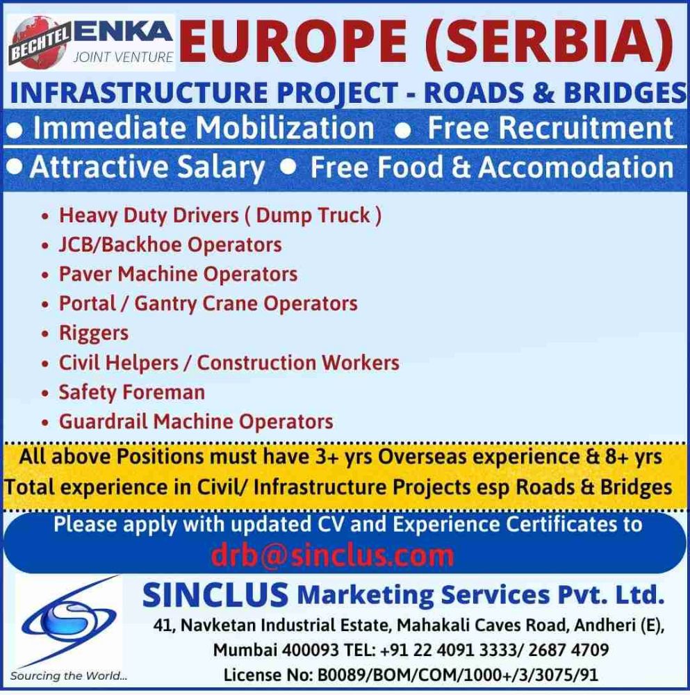 Requirement for Enka Bechtel Job in Europe Serbia.