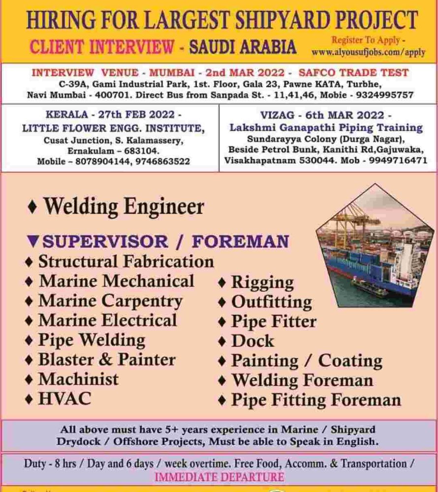 Job vacancy for shipyard in Saudi Arab.