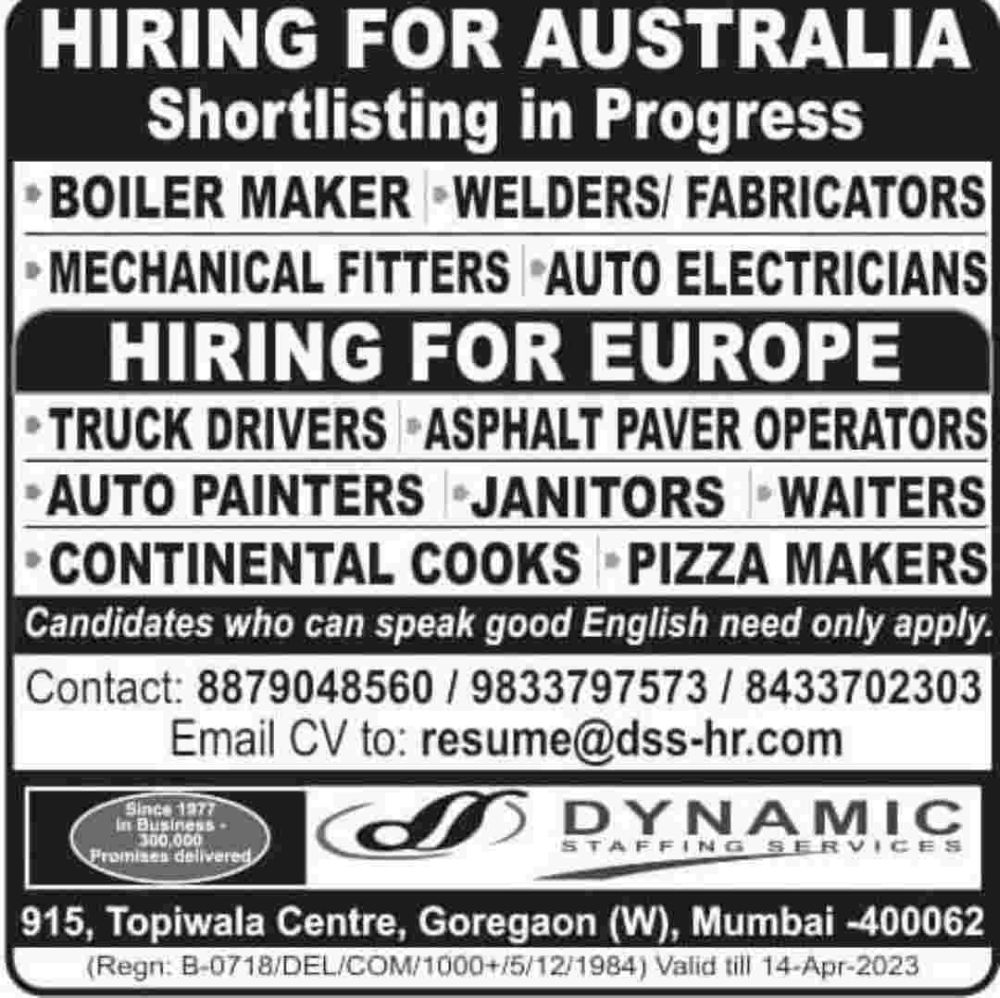 Golden opportunity to Australia Apply now DYNAMIC STAFFING SERVICE.