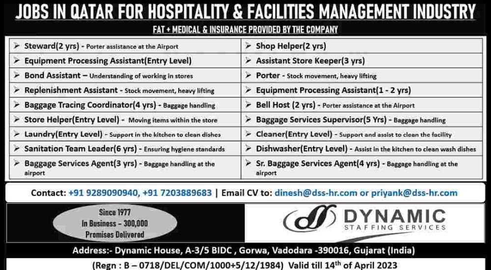 Uergnt Requirement for Qatar in hospitality industry.
