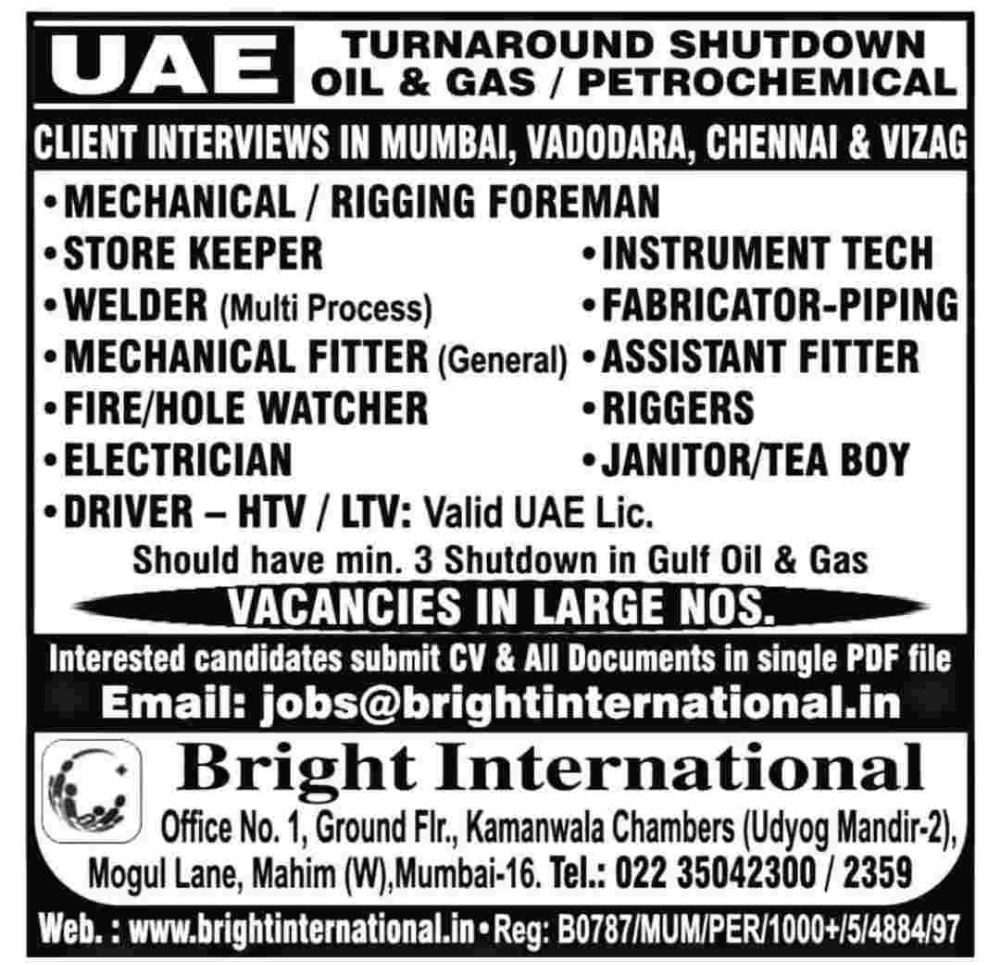 Job vacancy for Dubai, UAE.
