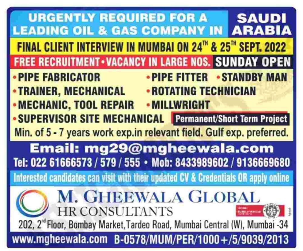 Job vacancy in Saudi Arab.